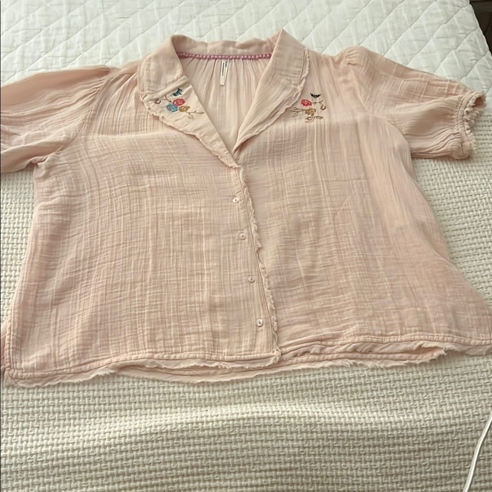 Anthropologie Embroidered Pink Blouse